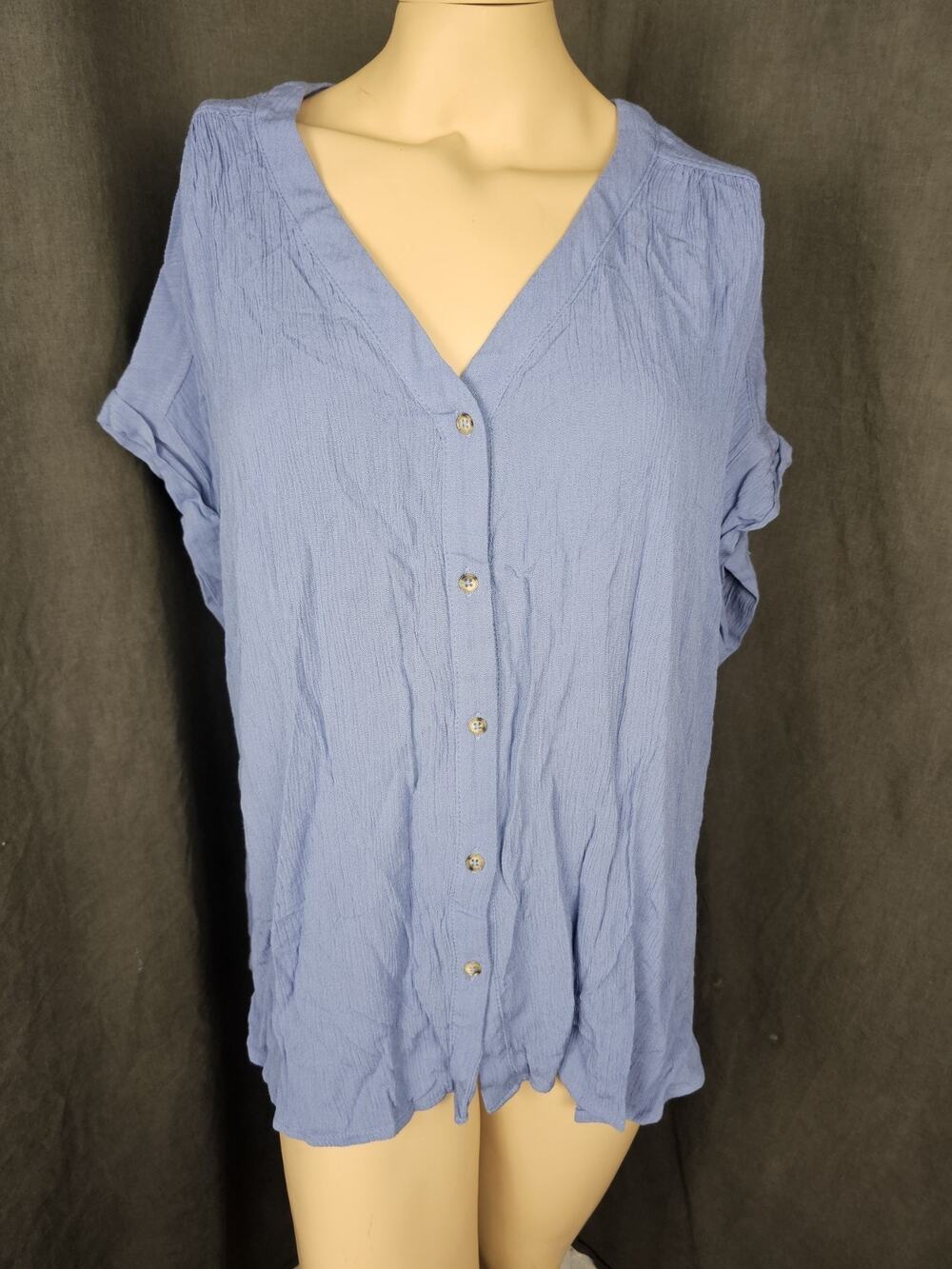 ORVIS Classic Collection Top Blouse Button Front V Neck Textured Crinkle XL NWOT